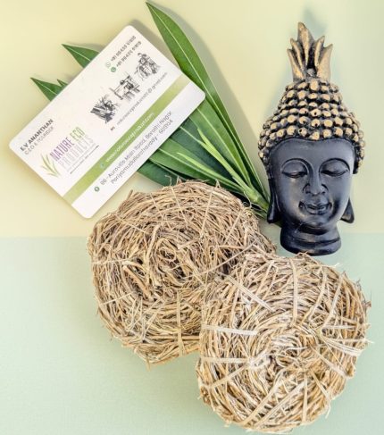 Vetiver Body scrub made from natural vetiver roots, part of nature eco products, displayed with green leaves and a decorative Buddha head on a soft pastel background.